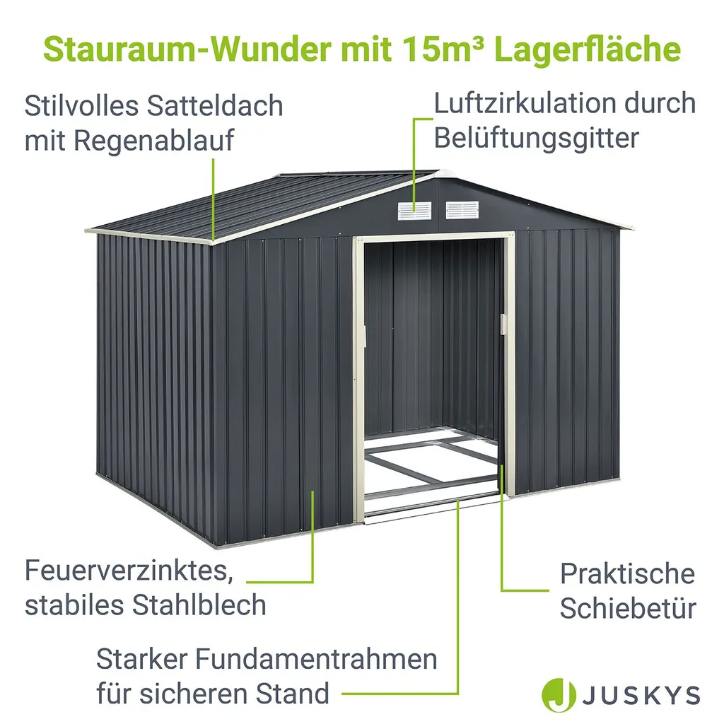 Juskys Metall Gerätehaus XXL Mit Satteldach, Schiebetür & Fundament - 15m³ - 277×319×192 Cm - Anthrazit - Geräteschuppen Gartenhaus Garten Schuppen 5 Juskys Metall Gerätehaus XXL Mit Satteldach, Schiebetür & Fundament - 15m³ - 277×319×192 Cm - Anthrazit - Geräteschuppen Gartenhaus Garten Schuppen – Bild 3
