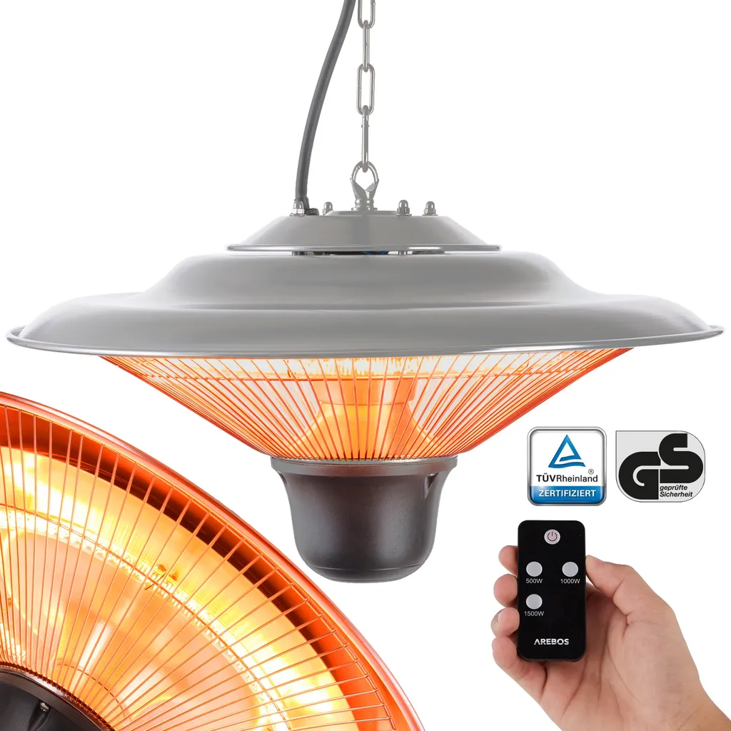 AREBOS Deckenheizstrahler 1.500 W, Inkl. Fernbedienung, Infrarotheizstrahler, Wärmepilz, Silber 3 AREBOS Deckenheizstrahler 1.500 W, Inkl. Fernbedienung, Infrarotheizstrahler, Wärmepilz, Silber