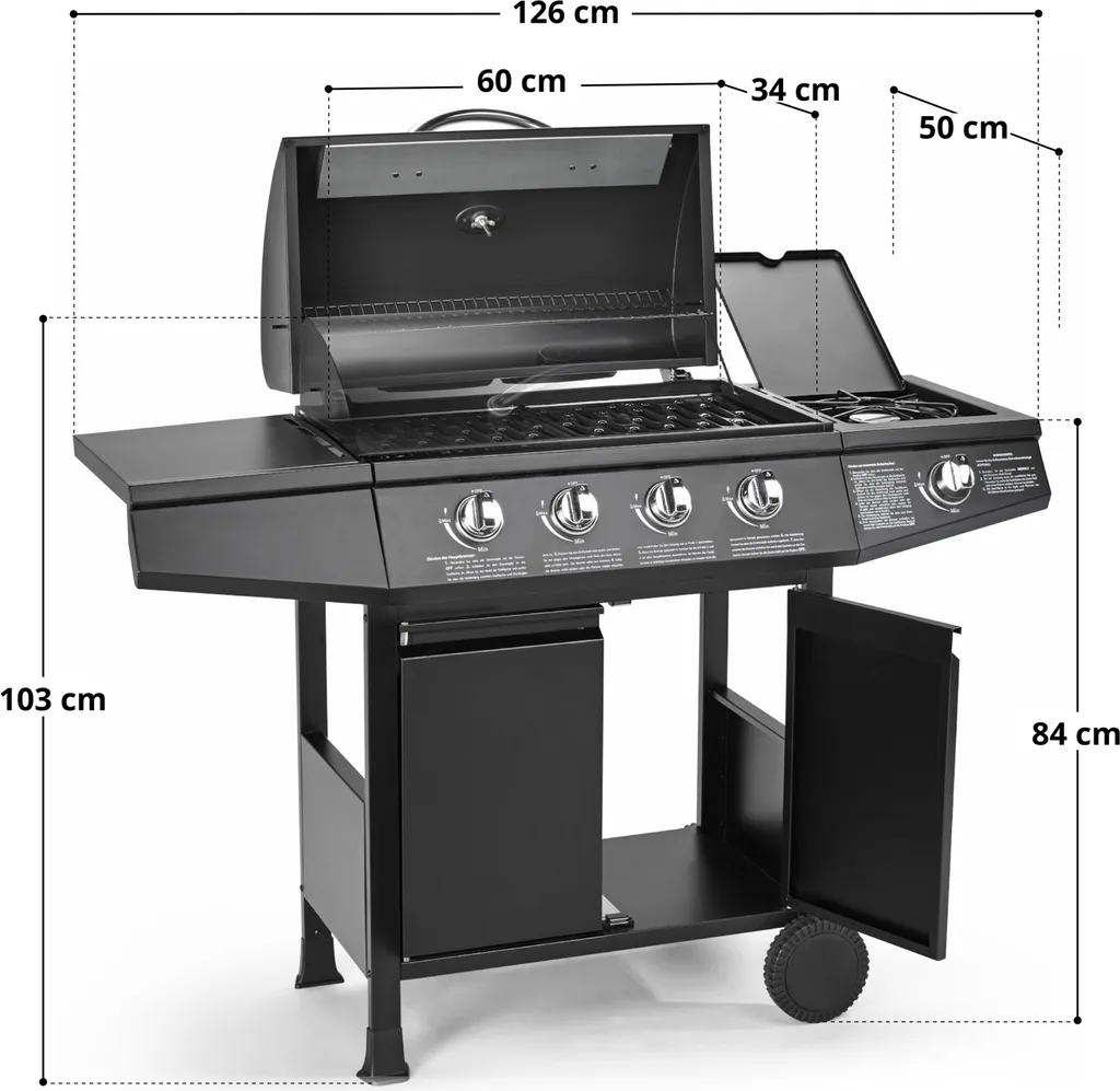 TAINO BASIC 4+1 Gasgrill Mit Seitenbrenner Gasgrill 4 Brenner BBQ Grillwagen Edelstahl-Brenner Schwarz 12 TAINO BASIC 4+1 Gasgrill Mit Seitenbrenner Gasgrill 4 Brenner BBQ Grillwagen Edelstahl-Brenner Schwarz – Bild 10