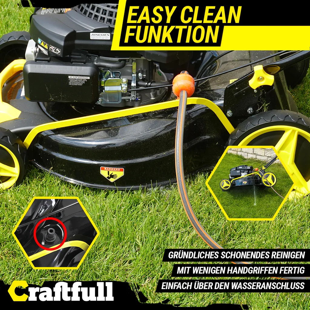Craftfull Benzinrasenmäher CR-196-10, 53 Cm Schnittbreite, Benzin Rasenmäher Mit Radantrieb, 196 Cc, 4,4 KW / 6PS, Euro 5 Norm, 5in1, Loncin Marken Motor, GT-Markengetriebe, 8 Stufen Höhenverstellbar, 62 Liter Fangsack, Easy-Clean-Funktion 8 Craftfull Benzinrasenmäher CR-196-10, 53 Cm Schnittbreite, Benzin Rasenmäher Mit Radantrieb, 196 Cc, 4,4 KW / 6PS, Euro 5 Norm, 5in1, Loncin Marken Motor, GT-Markengetriebe, 8 Stufen Höhenverstellbar, 62 Liter Fangsack, Easy-Clean-Funktion – Bild 6