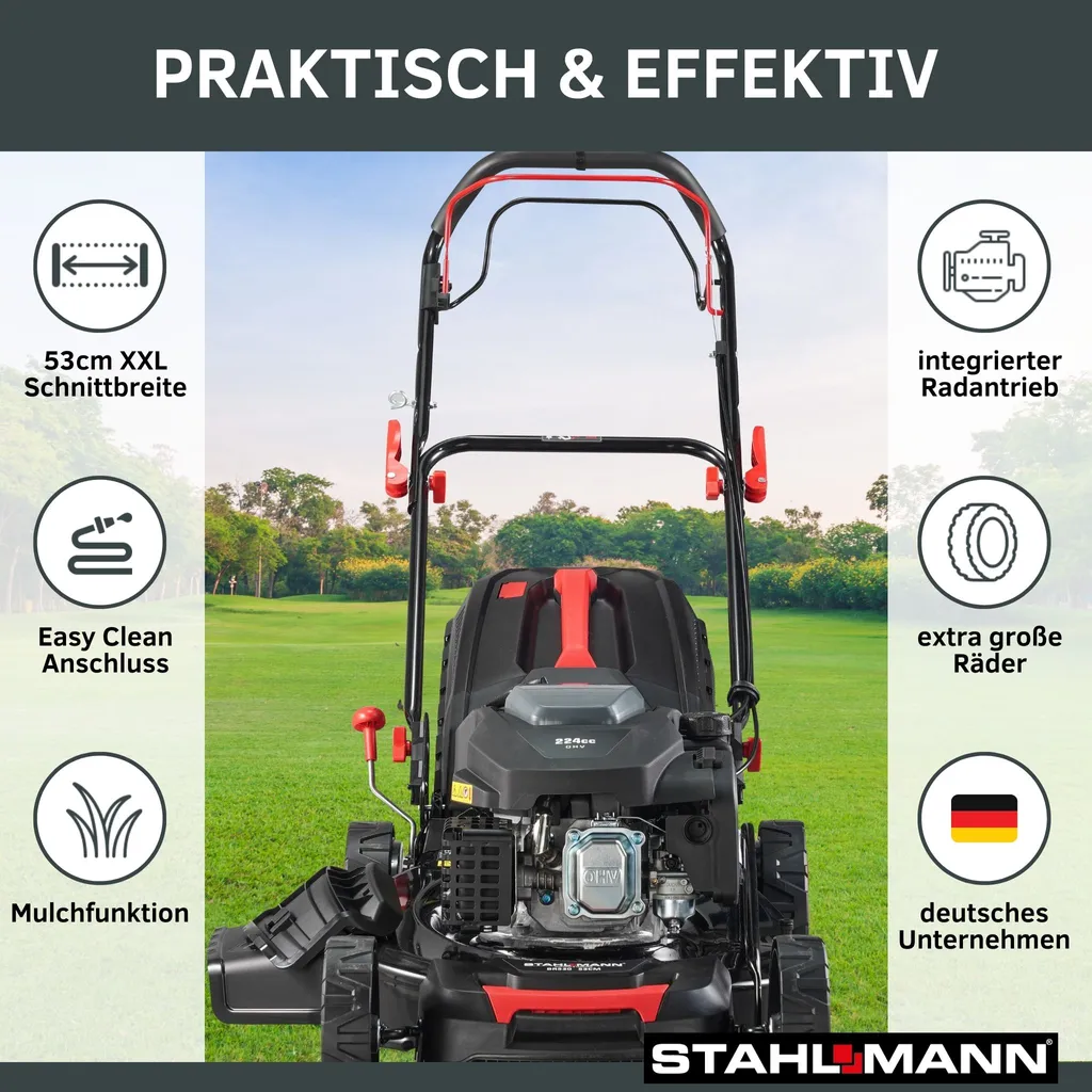 STAHLMANN Rasenmäher Benzin Mit Antrieb BR530 – 6,0PS 4,4kW Benzin Rasenmäher Mit Antrieb, 53cm Schnittbreite, Mulchfunktion, Schnitthöhenverstellung, Easy Clean Anschluss, Große Räder, 60L Korb 5 STAHLMANN Rasenmäher Benzin Mit Antrieb BR530 – 6,0PS 4,4kW Benzin Rasenmäher Mit Antrieb, 53cm Schnittbreite, Mulchfunktion, Schnitthöhenverstellung, Easy Clean Anschluss, Große Räder, 60L Korb – Bild 3