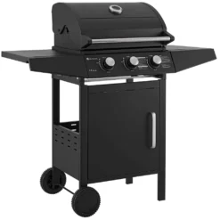 Juskys BBQ Gasgrill Louisiana 8,1 KW Mit 3 Brenner, Grillrost, Deckel Mit Thermometer, Warmhalterost & Seitenablagen – Grillwagen Mit Stahl Korpus