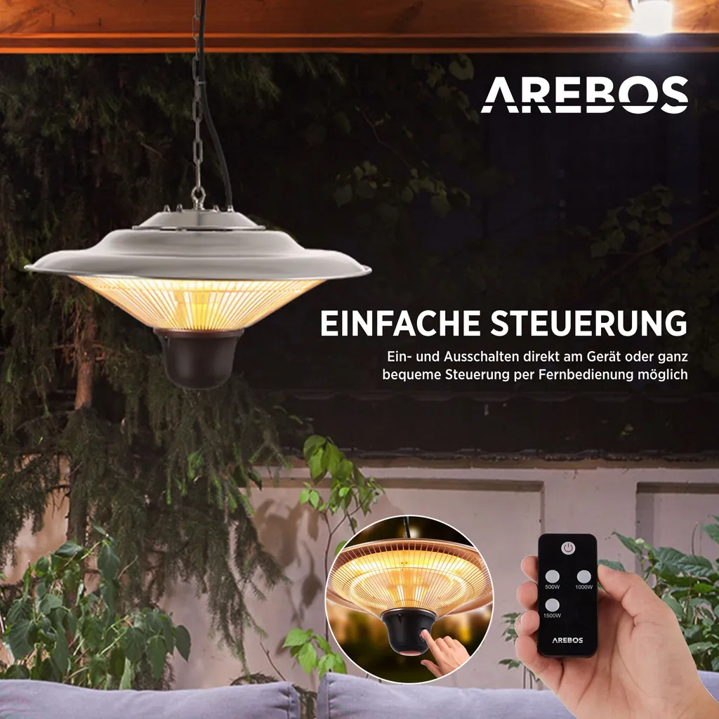 AREBOS Deckenheizstrahler 1.500 W, Inkl. Fernbedienung, Infrarotheizstrahler, Wärmepilz, Silber 9 AREBOS Deckenheizstrahler 1.500 W, Inkl. Fernbedienung, Infrarotheizstrahler, Wärmepilz, Silber – Bild 7