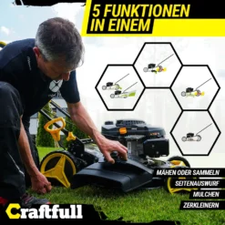 Craftfull Benzinrasenmäher CR-196-10, 53 Cm Schnittbreite, Benzin Rasenmäher Mit Radantrieb, 196 Cc, 4,4 KW / 6PS, Euro 5 Norm, 5in1, Loncin Marken Motor, GT-Markengetriebe, 8 Stufen Höhenverstellbar, 62 Liter Fangsack, Easy-Clean-Funktion 15 Craftfull Benzinrasenmäher CR-196-10, 53 Cm Schnittbreite, Benzin Rasenmäher Mit Radantrieb, 196 Cc, 4,4 KW / 6PS, Euro 5 Norm, 5in1, Loncin Marken Motor, GT-Markengetriebe, 8 Stufen Höhenverstellbar, 62 Liter Fangsack, Easy-Clean-Funktion -Günstiges Laube Lust Geschäft dec95d5a4dcb24ba4570a43d12cdb6fd