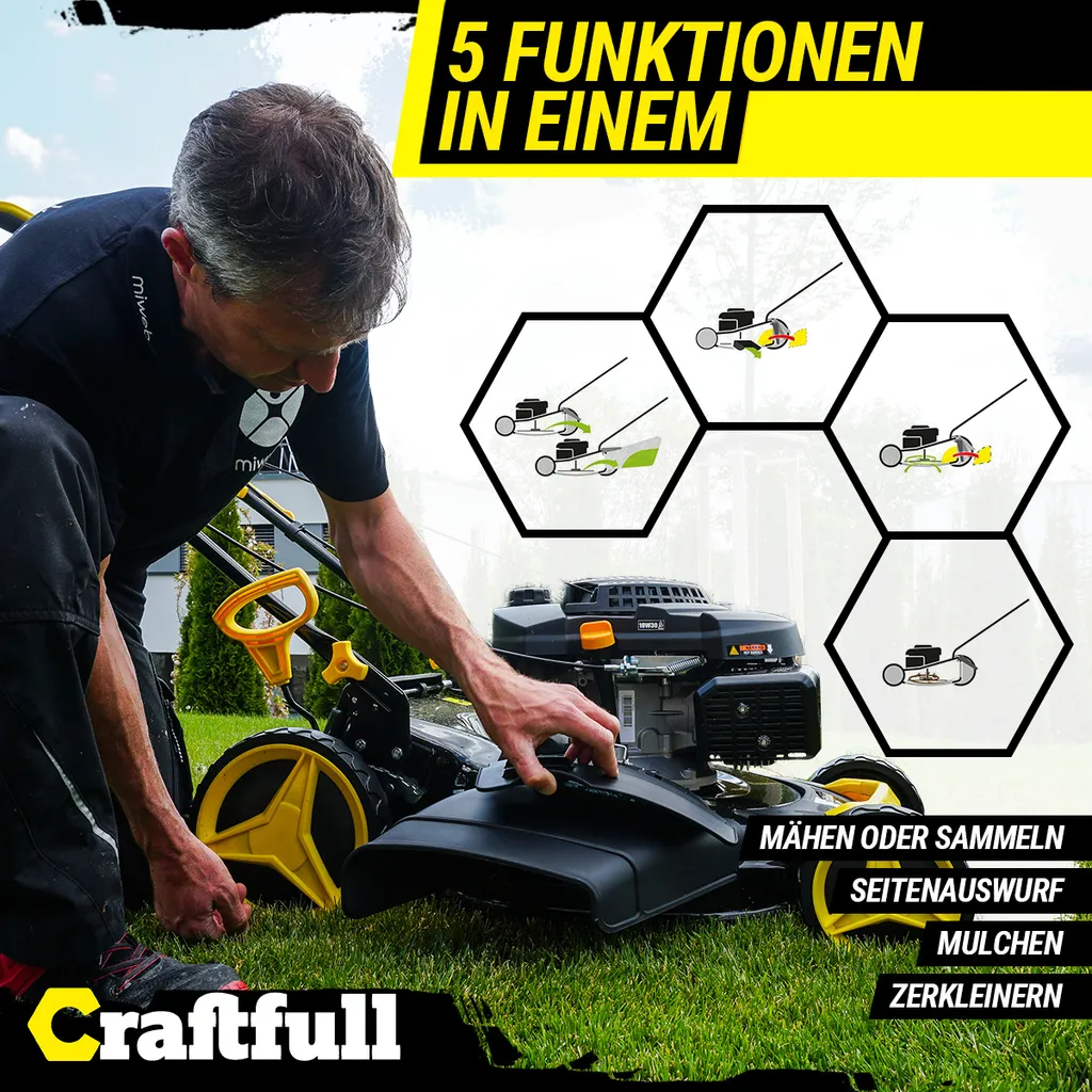 Craftfull Benzinrasenmäher CR-196-10, 53 Cm Schnittbreite, Benzin Rasenmäher Mit Radantrieb, 196 Cc, 4,4 KW / 6PS, Euro 5 Norm, 5in1, Loncin Marken Motor, GT-Markengetriebe, 8 Stufen Höhenverstellbar, 62 Liter Fangsack, Easy-Clean-Funktion 7 Craftfull Benzinrasenmäher CR-196-10, 53 Cm Schnittbreite, Benzin Rasenmäher Mit Radantrieb, 196 Cc, 4,4 KW / 6PS, Euro 5 Norm, 5in1, Loncin Marken Motor, GT-Markengetriebe, 8 Stufen Höhenverstellbar, 62 Liter Fangsack, Easy-Clean-Funktion – Bild 5
