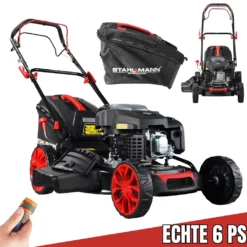 STAHLMANN Rasenmäher Benzin Mit Antrieb BR530 – 6,0PS 4,4kW Benzin Rasenmäher Mit Antrieb, 53cm Schnittbreite, Mulchfunktion, Schnitthöhenverstellung, Easy Clean Anschluss, Große Räder, 60L Korb