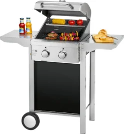 ProfiCook Gasgrill, Mit Klappbaren Seitentischen, 2 Edelstahlbrenner, Stufenlose Temperatursteuerung, Inkl. Temperaturanzeige, Balkon-Grill, Grillfläche: 43 X 39 Cm, PC-GG 1255
