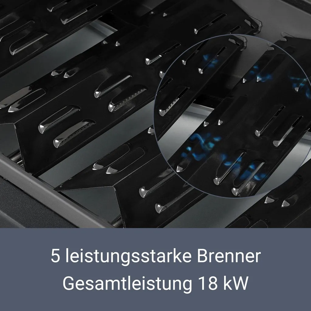 Juskys BBQ Gasgrill Dakota – Grillwagen Mit 5 Brenner 18 KW - Barbecue Grill Inkl. Deckel, Warmhalterost, Seitenablagen, Thermometer & Abdeckplane 6 Juskys BBQ Gasgrill Dakota – Grillwagen Mit 5 Brenner 18 KW - Barbecue Grill Inkl. Deckel, Warmhalterost, Seitenablagen, Thermometer & Abdeckplane – Bild 4
