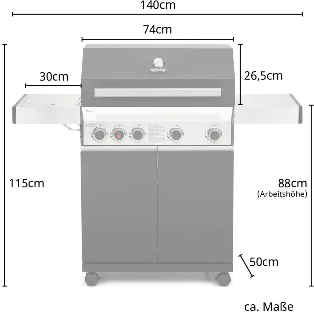 TAINO Black 4+1 Gasgrill Inkl. Zubehör Edelstahl Sear-Burner Power-Zone Keramik-Brenner BBQ Grillwagen Gusseisen Seitenkocher Piezozündung 5 TAINO Black 4+1 Gasgrill Inkl. Zubehör Edelstahl Sear-Burner Power-Zone Keramik-Brenner BBQ Grillwagen Gusseisen Seitenkocher Piezozündung – Bild 3
