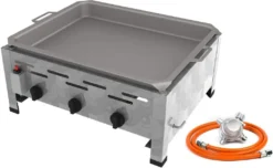 Gastro Edelstahl Gasbräter 3 Flammig 13,5 KW Mit Stahlpfanne F. Propangas + Gasschlauch Gewerberegler + SBS (Gastro Kocher, Gasgrill Gastrokocher, Gasherd, Bräter, Grill)
