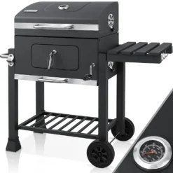 KESSER® Grill Grillwagen XXL Holzkohlegrill Mit Deckel, Rädern, Edelstahl-Griff, Grillrost Und Thermometer Holzkohle Kohlegrill Wagen Groß Kohle BBQ Barbeque Camping, Terrasse, Garten, Farbe:Grau