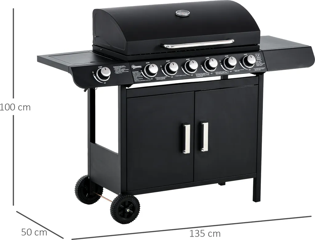 Outsunny Gasgrill BBQ Grillwagen Mit 6 Brennern 1 Seitenbrenner Schrank Multifunktion Metall Schwarz 135 X 50 X 100 Cm 9 Outsunny Gasgrill BBQ Grillwagen Mit 6 Brennern 1 Seitenbrenner Schrank Multifunktion Metall Schwarz 135 X 50 X 100 Cm – Bild 7