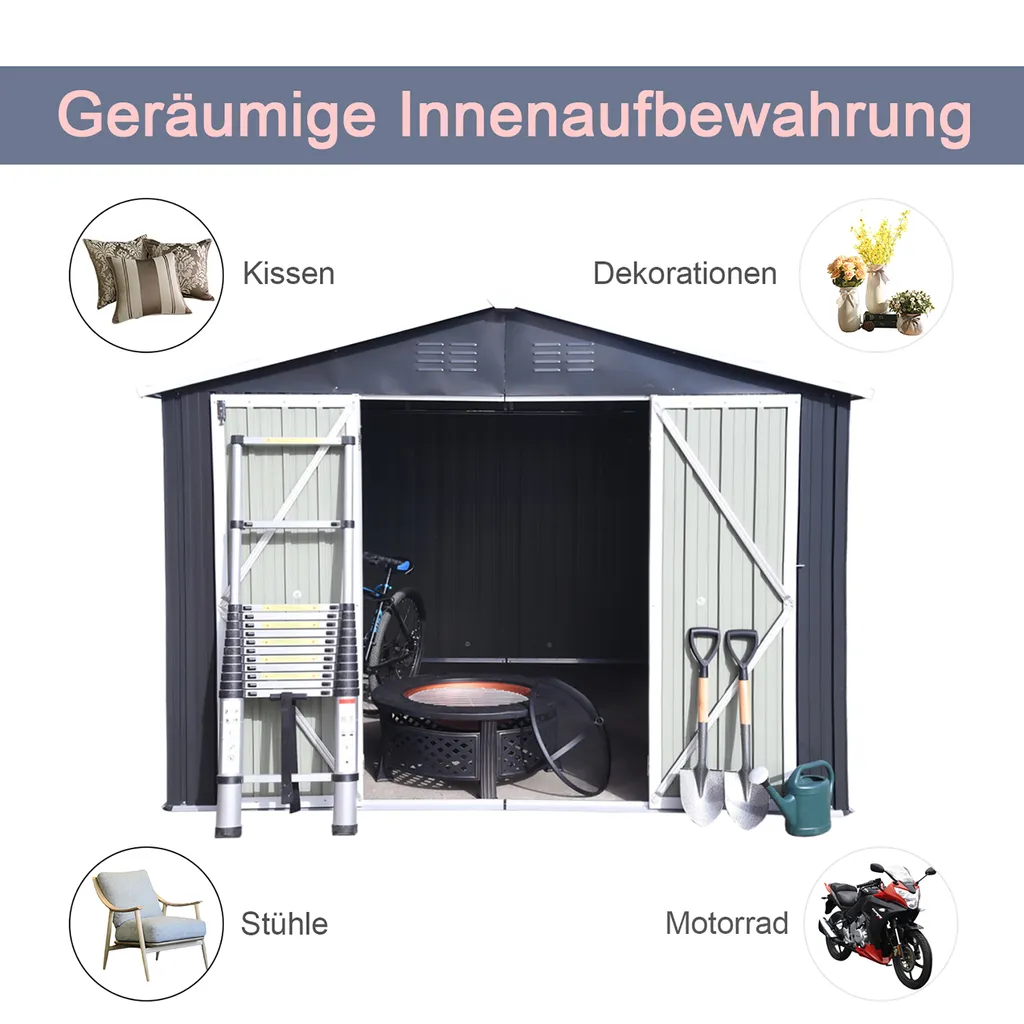 Metall XXXL Gerätehaus 305x254x191cm Mit Fundament Satteldach Geräteschuppen Garten Schuppen Pultdach Schwarz 4 Metall XXXL Gerätehaus 305x254x191cm Mit Fundament Satteldach Geräteschuppen Garten Schuppen Pultdach Schwarz – Bild 2