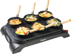 Bestron Elektrisches Party-Wok-Set, Tischgrill Mit Mini Wok Pfannen Für 6 Personen, Inkl. 6 Holzspatel & 1 Schöpflöffel, 1000 Watt, Farbe: Schwarz