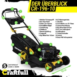 Craftfull Benzinrasenmäher CR-196-10, 53 Cm Schnittbreite, Benzin Rasenmäher Mit Radantrieb, 196 Cc, 4,4 KW / 6PS, Euro 5 Norm, 5in1, Loncin Marken Motor, GT-Markengetriebe, 8 Stufen Höhenverstellbar, 62 Liter Fangsack, Easy-Clean-Funktion 18 Craftfull Benzinrasenmäher CR-196-10, 53 Cm Schnittbreite, Benzin Rasenmäher Mit Radantrieb, 196 Cc, 4,4 KW / 6PS, Euro 5 Norm, 5in1, Loncin Marken Motor, GT-Markengetriebe, 8 Stufen Höhenverstellbar, 62 Liter Fangsack, Easy-Clean-Funktion -Günstiges Laube Lust Geschäft f1694683e207cff9c835265ed94c1306