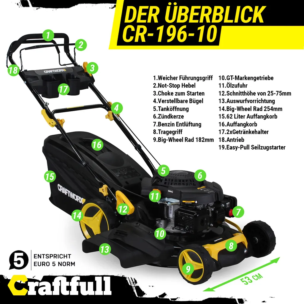 Craftfull Benzinrasenmäher CR-196-10, 53 Cm Schnittbreite, Benzin Rasenmäher Mit Radantrieb, 196 Cc, 4,4 KW / 6PS, Euro 5 Norm, 5in1, Loncin Marken Motor, GT-Markengetriebe, 8 Stufen Höhenverstellbar, 62 Liter Fangsack, Easy-Clean-Funktion 10 Craftfull Benzinrasenmäher CR-196-10, 53 Cm Schnittbreite, Benzin Rasenmäher Mit Radantrieb, 196 Cc, 4,4 KW / 6PS, Euro 5 Norm, 5in1, Loncin Marken Motor, GT-Markengetriebe, 8 Stufen Höhenverstellbar, 62 Liter Fangsack, Easy-Clean-Funktion – Bild 8