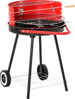 Outsunny Holzkohlegrill Rundgrill Standgrill Auf Rollen Mit Ablage Rost BBQ Metall Rot L70 X B51 X H75,5cm