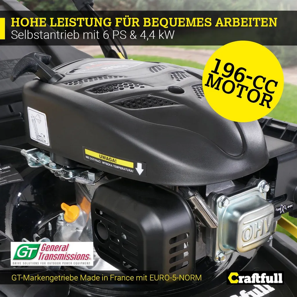 Craftfull Benzinrasenmäher CR-196-20, 51 Cm Schnittbreite, Benzin Rasenmäher Mit Radantrieb Inkl. Rasenkamm, 196 Cc, 4,4 KW / 6PS, Euro 5 Norm, 5in1, Marken Motor, GT-Markengetriebe, 8 Stufen Höhenverstellbar, 62 Liter Fangsack, Easy-Clean-Funktion 5 Craftfull Benzinrasenmäher CR-196-20, 51 Cm Schnittbreite, Benzin Rasenmäher Mit Radantrieb Inkl. Rasenkamm, 196 Cc, 4,4 KW / 6PS, Euro 5 Norm, 5in1, Marken Motor, GT-Markengetriebe, 8 Stufen Höhenverstellbar, 62 Liter Fangsack, Easy-Clean-Funktion – Bild 3