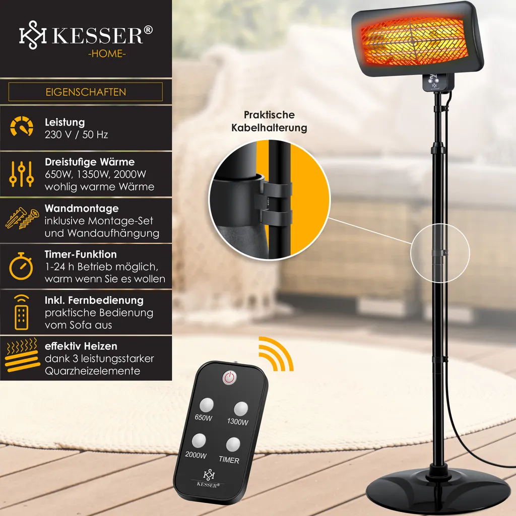 KESSER® Heizstrahler Infrarotstrahler Terrassenheizstrahler Standheizer Wickeltisch-Wärmestrahler Mit Fernbedienung Wandhalterung | Innen- Und Außenbereich | Infrarot Terrassenheizung Quarzstrahler, Farbe:Schwarz 4 KESSER® Heizstrahler Infrarotstrahler Terrassenheizstrahler Standheizer Wickeltisch-Wärmestrahler Mit Fernbedienung Wandhalterung | Innen- Und Außenbereich | Infrarot Terrassenheizung Quarzstrahler, Farbe:Schwarz – Bild 2