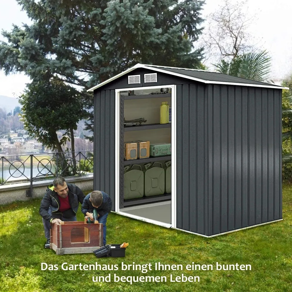 Metall Gerätehaus, Gartenhaus Mit Metallfundament, Geräteschuppen, Metallschuppen 277x191x192 Cm, Garten Schuppen 4 Metall Gerätehaus, Gartenhaus Mit Metallfundament, Geräteschuppen, Metallschuppen 277x191x192 Cm, Garten Schuppen – Bild 2