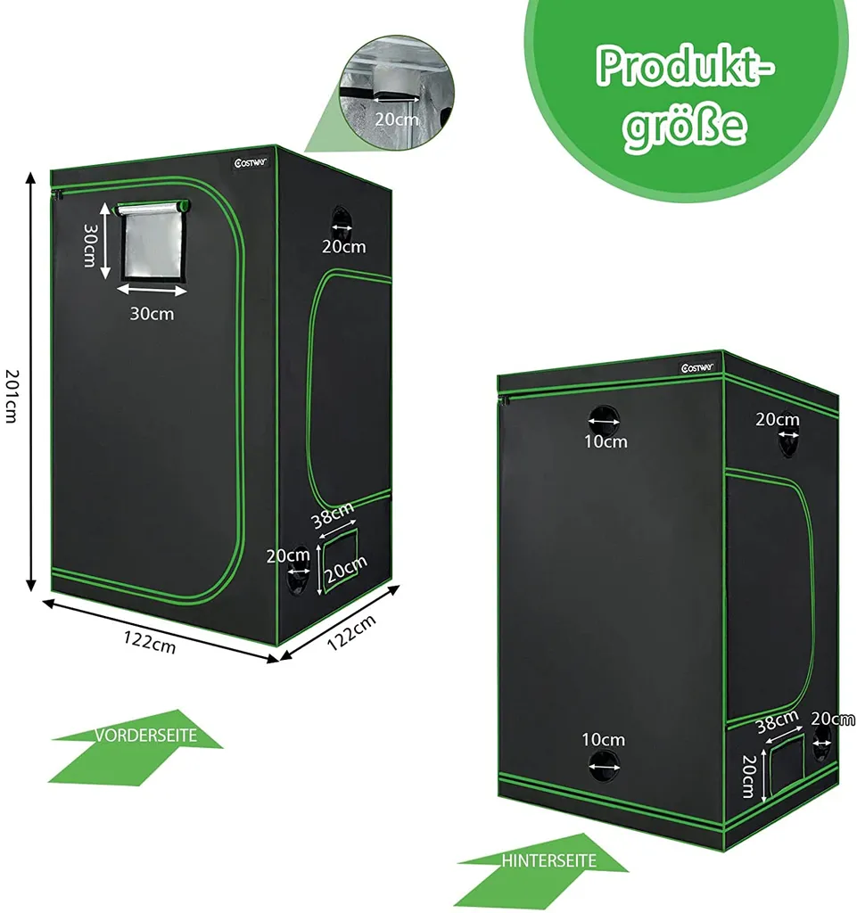 COSTWAY 122x122x201cm Growbox Pflanzenzelt Gewächshaus Mit Bodenwanne Aufbewahrungstasche Beobachtungsfenster & Doppelter Belüftung 8 COSTWAY 122x122x201cm Growbox Pflanzenzelt Gewächshaus Mit Bodenwanne Aufbewahrungstasche Beobachtungsfenster & Doppelter Belüftung – Bild 6