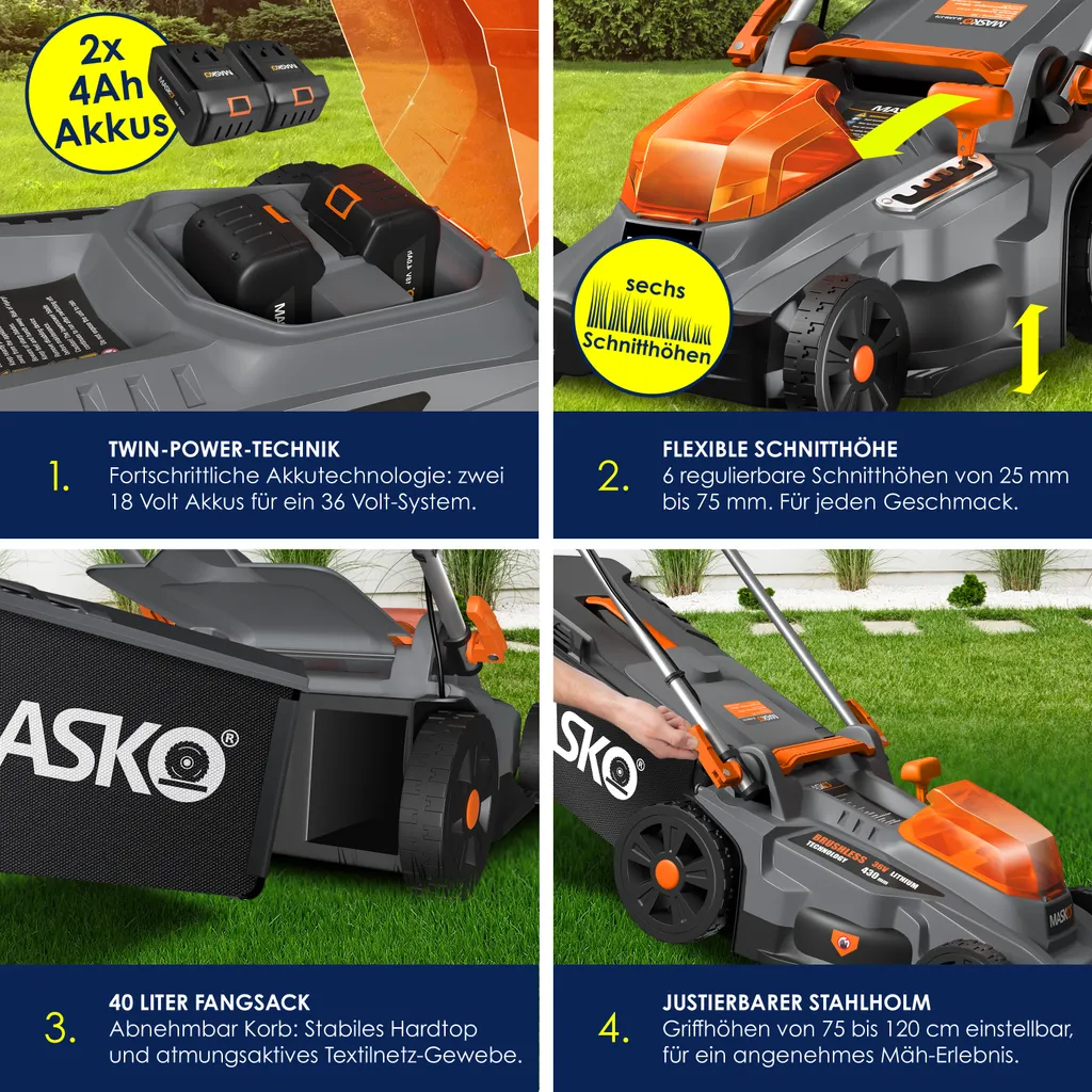 MASKO® Akku Rasenmäher ECO-X10 Inkl. Akkus Li-Ion Batterie 4 Ah & Doppel-Ladegerät – Rasentrimmer Schnittbreite, 25-75mm Schnitthöhenverstellung , Farbe:Schwarz / Orange, Größe:Schnittbreite 43cm 6 MASKO® Akku Rasenmäher ECO-X10 Inkl. Akkus Li-Ion Batterie 4 Ah & Doppel-Ladegerät – Rasentrimmer Schnittbreite, 25-75mm Schnitthöhenverstellung , Farbe:Schwarz / Orange, Größe:Schnittbreite 43cm – Bild 4