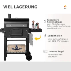 HOMCOM Outsunny Holzkohlegrill BBQ Gartengrill Mit Deckel Und Ablagen Metall Smoker BBQ Warmhalteplatte Regale Gartenparty Transportrollen Schwarz 124 X 66 X 112 Cm -Günstiges Laube Lust Geschäft fc3e3cdf32e952fed8a494de14a3391b