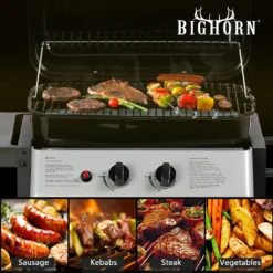 BIGHORN Gasgrill 2 Brenner Mit Seitenablage, Grillwagen Mit Räder, Warmhalte- Und Grillrost -Günstiges Laube Lust Geschäft fd00ae49d9b9b5a975f467d1a82c55c9