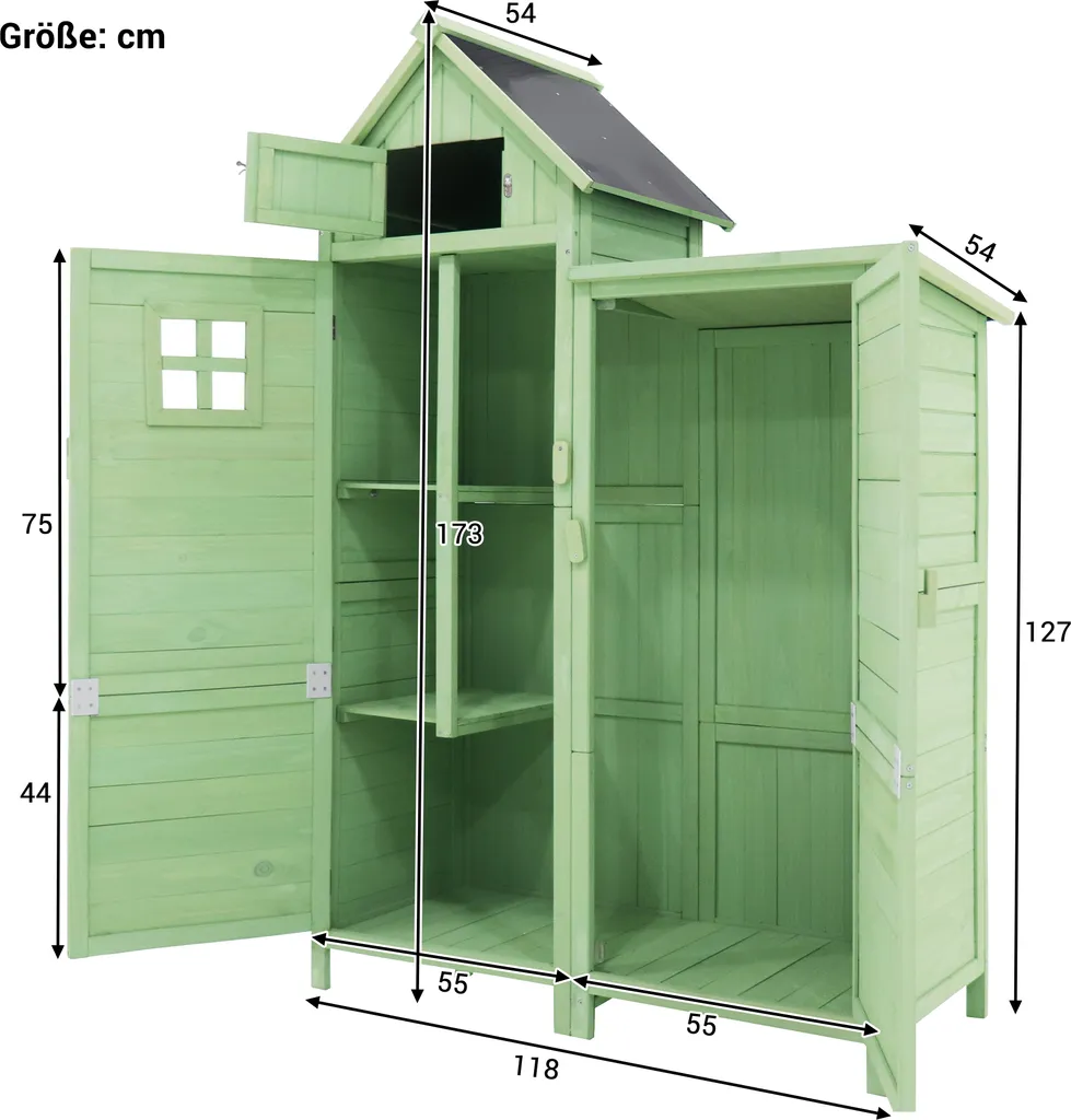 Merax Gerätehaus Gartenschrank 119x55 Cm Gerätehaus Holz Geräteschuppen Mit Spitzdach, Grün 9 Merax Gerätehaus Gartenschrank 119x55 Cm Gerätehaus Holz Geräteschuppen Mit Spitzdach, Grün – Bild 7