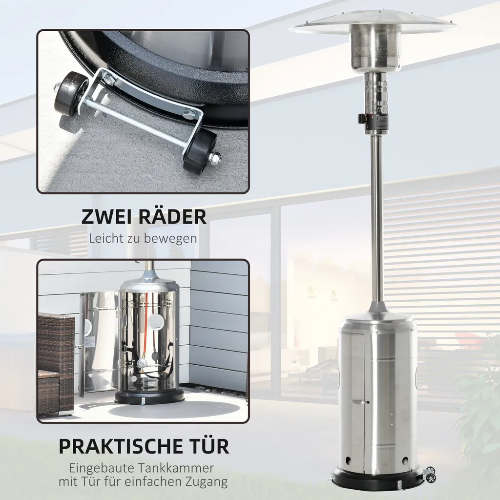 Outsunny Heizstrahler Terrassenheizer Mit Anti-Kipp-Schalter Automatischer Sicherheitsabschaltung Terrassenstrahler Mit Rädern Rollbar Gas 13,5kW Rostfreier Stahl Silber Ø81,5 X 225 Cm 7 Outsunny Heizstrahler Terrassenheizer Mit Anti-Kipp-Schalter Automatischer Sicherheitsabschaltung Terrassenstrahler Mit Rädern Rollbar Gas 13,5kW Rostfreier Stahl Silber Ø81,5 X 225 Cm – Bild 5
