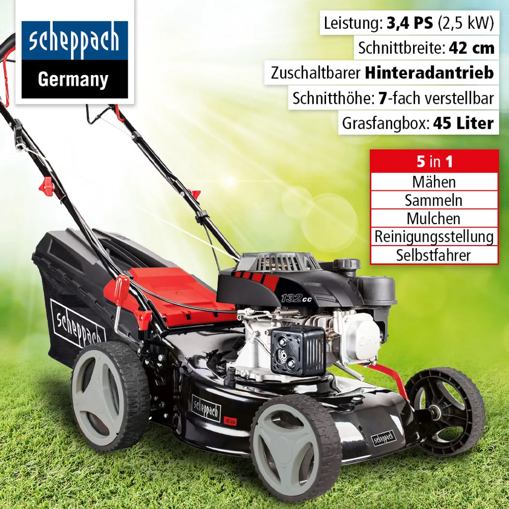 Scheppach Benzin-Rasenmäher MS132-42 SE Rasentrimmer Gartenpflege 4 Scheppach Benzin-Rasenmäher MS132-42 SE Rasentrimmer Gartenpflege – Bild 2